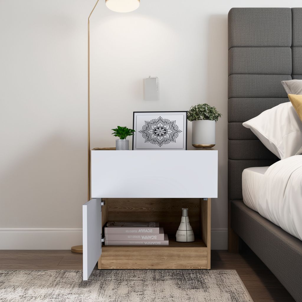 Velador Nebrask, Miel y Blanco Duqueza, con Un Cajón Organizador