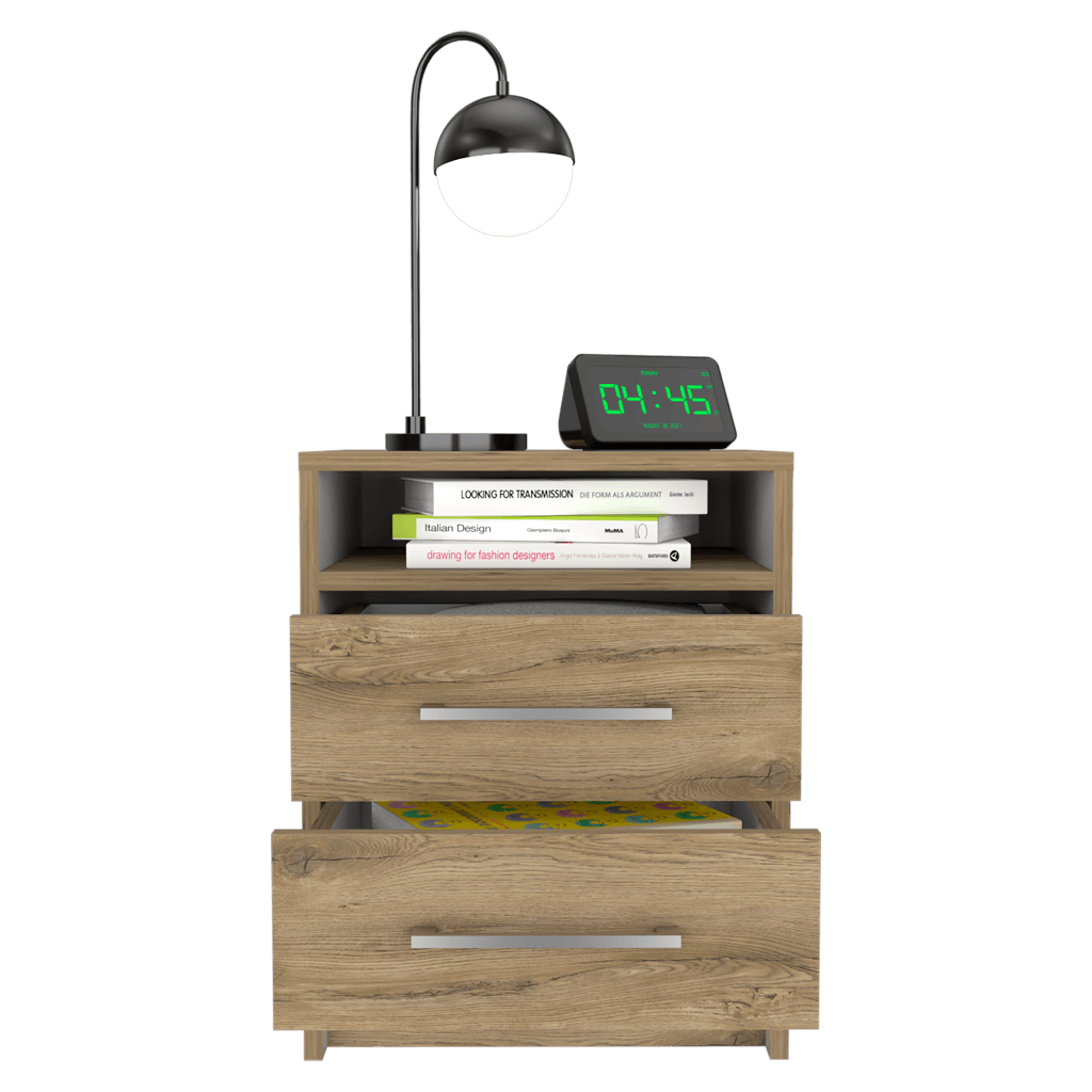 Velador Douglas, Macadamia y Blanco, con Un Entrepaño Superior y Dos Cajones Organizadores