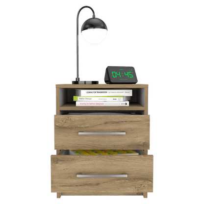 Velador Douglas, Macadamia y Blanco, con Un Entrepaño Superior y Dos Cajones Organizadores