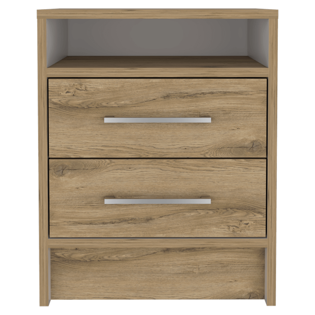 Velador Douglas, Macadamia y Blanco, con Un Entrepaño Superior y Dos Cajones Organizadores