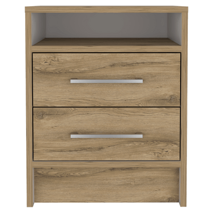 Velador Douglas, Macadamia y Blanco, con Un Entrepaño Superior y Dos Cajones Organizadores