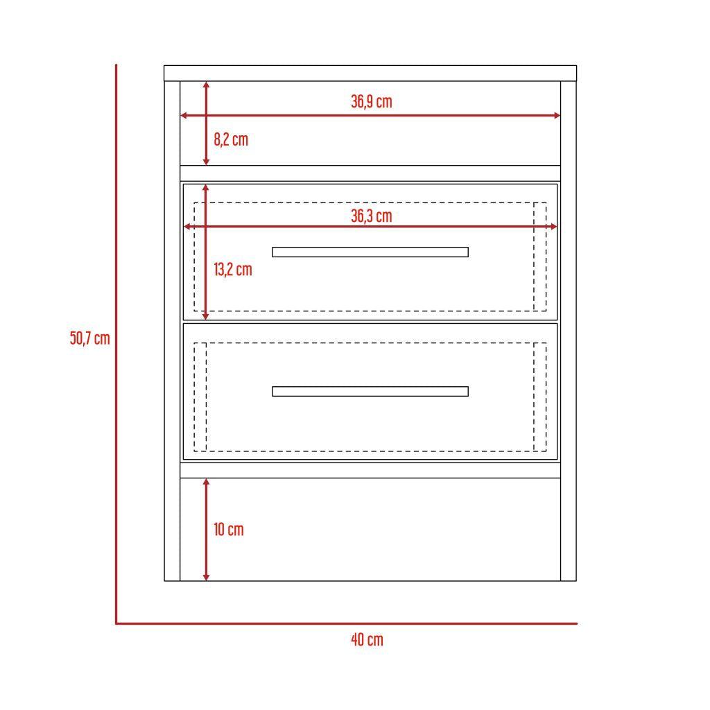 Velador Douglas, Macadamia y Blanco, con Un Entrepaño Superior y Dos Cajones Organizadores