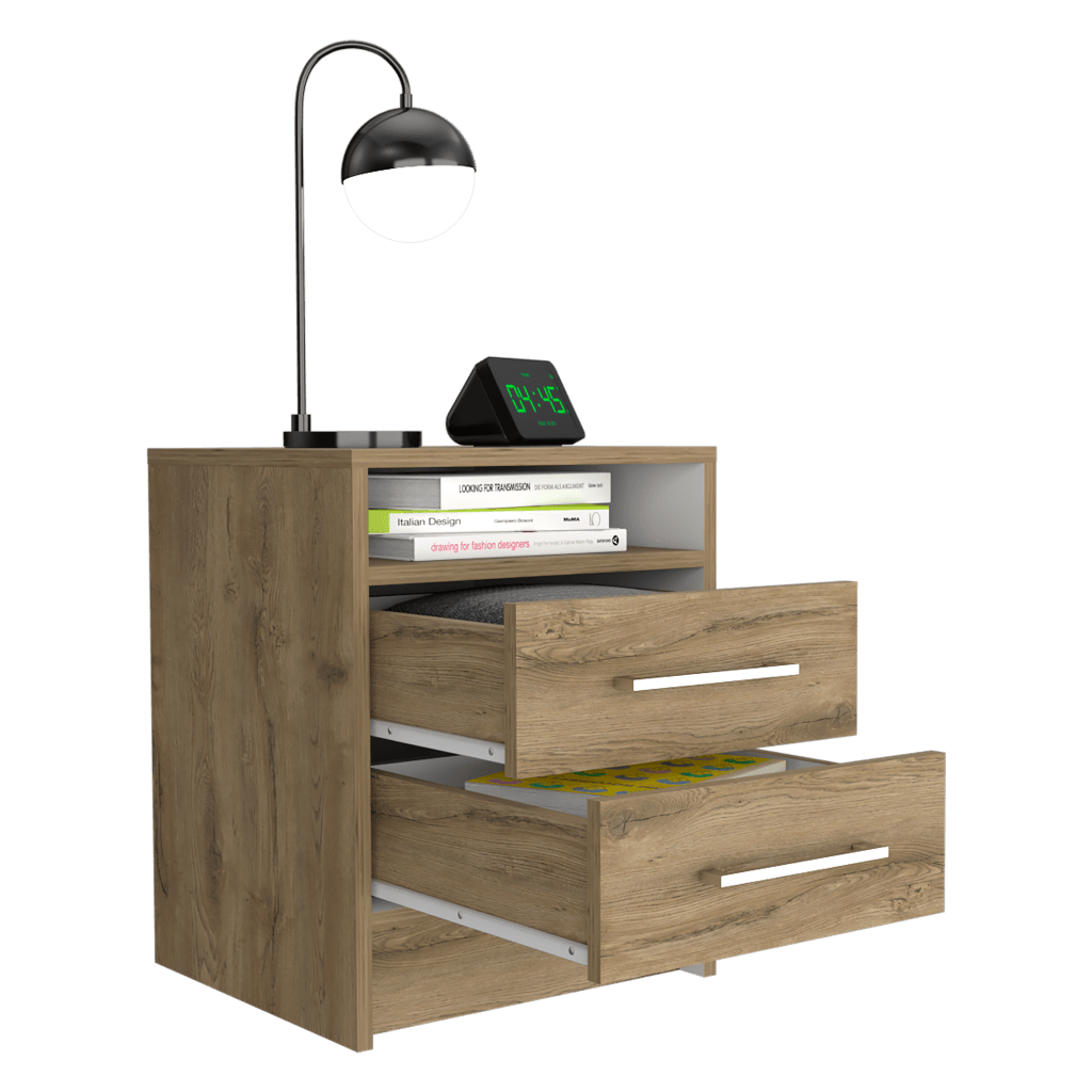 Velador Douglas, Macadamia y Blanco, con Un Entrepaño Superior y Dos Cajones Organizadores