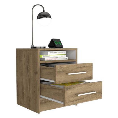 Velador Douglas, Macadamia y Blanco, con Un Entrepaño Superior y Dos Cajones Organizadores