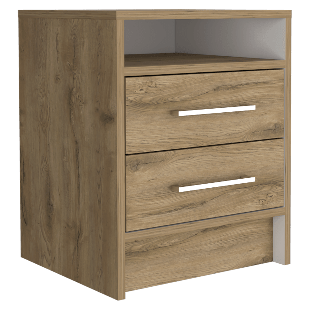 Velador Douglas, Macadamia y Blanco, con Un Entrepaño Superior y Dos Cajones Organizadores