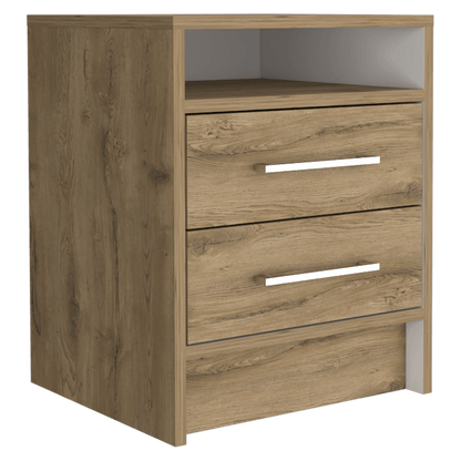 Velador Douglas, Macadamia y Blanco, con Un Entrepaño Superior y Dos Cajones Organizadores