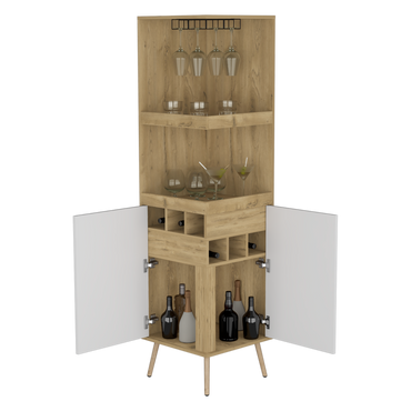 Bar Esquinero Huna, Macadamia y Blanco, con amplio espacio para botellas y portacopas