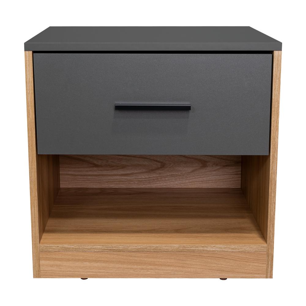 Mesa de Noche Giroa, Plata Oscuro y Fresno Europeo, con espacio para colocar objetos decorativos