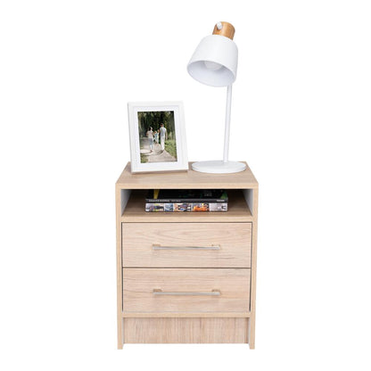 Mesa de Noche Douglas, Beige y Blanco, con Un Entrepaño Superior y Dos Cajones Organizadores