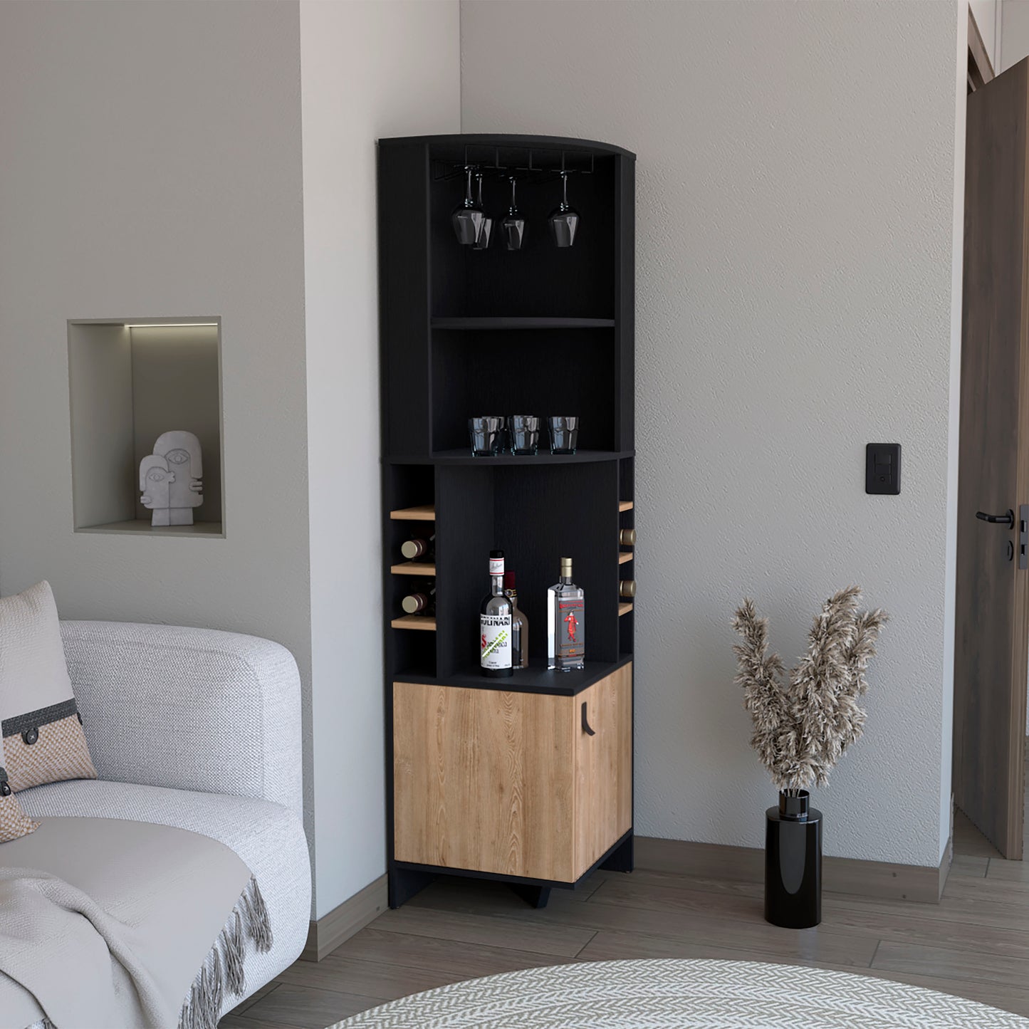 Bar Esquinero Funes, Wengue,  con Espacio para Botellas de Vino y Copas