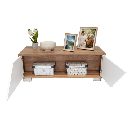 Mesa de Centro Orus, Miel y Blanco, con Cuatro Puertas y Patas En Acero - VIRTUAL MUEBLES