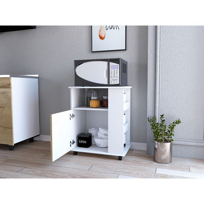 Mueble Microondas Tahara Una Puerta Blanco, Con Rodachinas Plásticas Y Amplio Espacio Para Almacenar