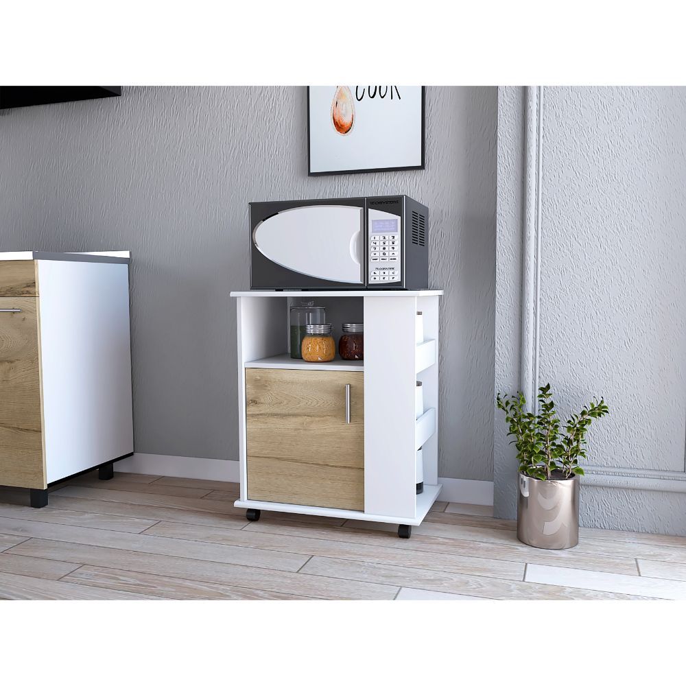 Mueble Microondas Tahara Una Puerta Blanco, Con Rodachinas Plásticas Y Amplio Espacio Para Almacenar