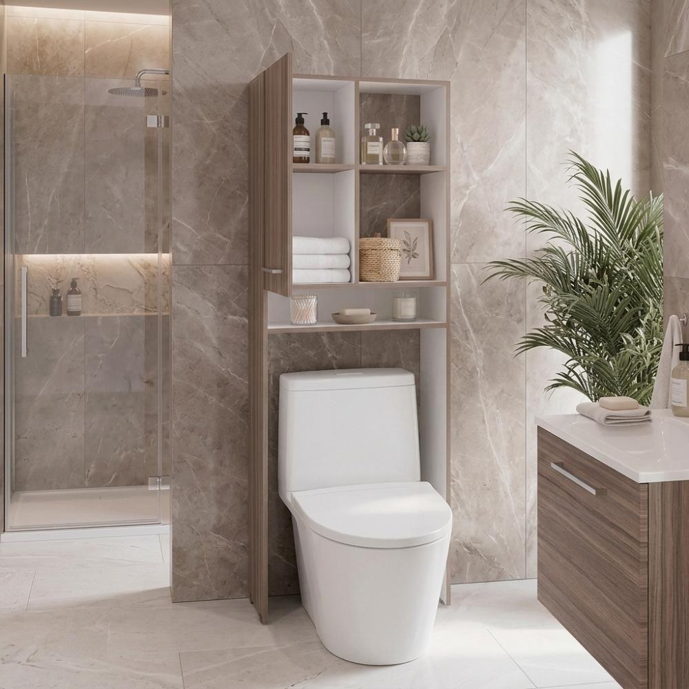 Optimizador Wc Bath 26 Con Una Puerta, Avellana y Blanco, Ideal para Ahorrar Espacio