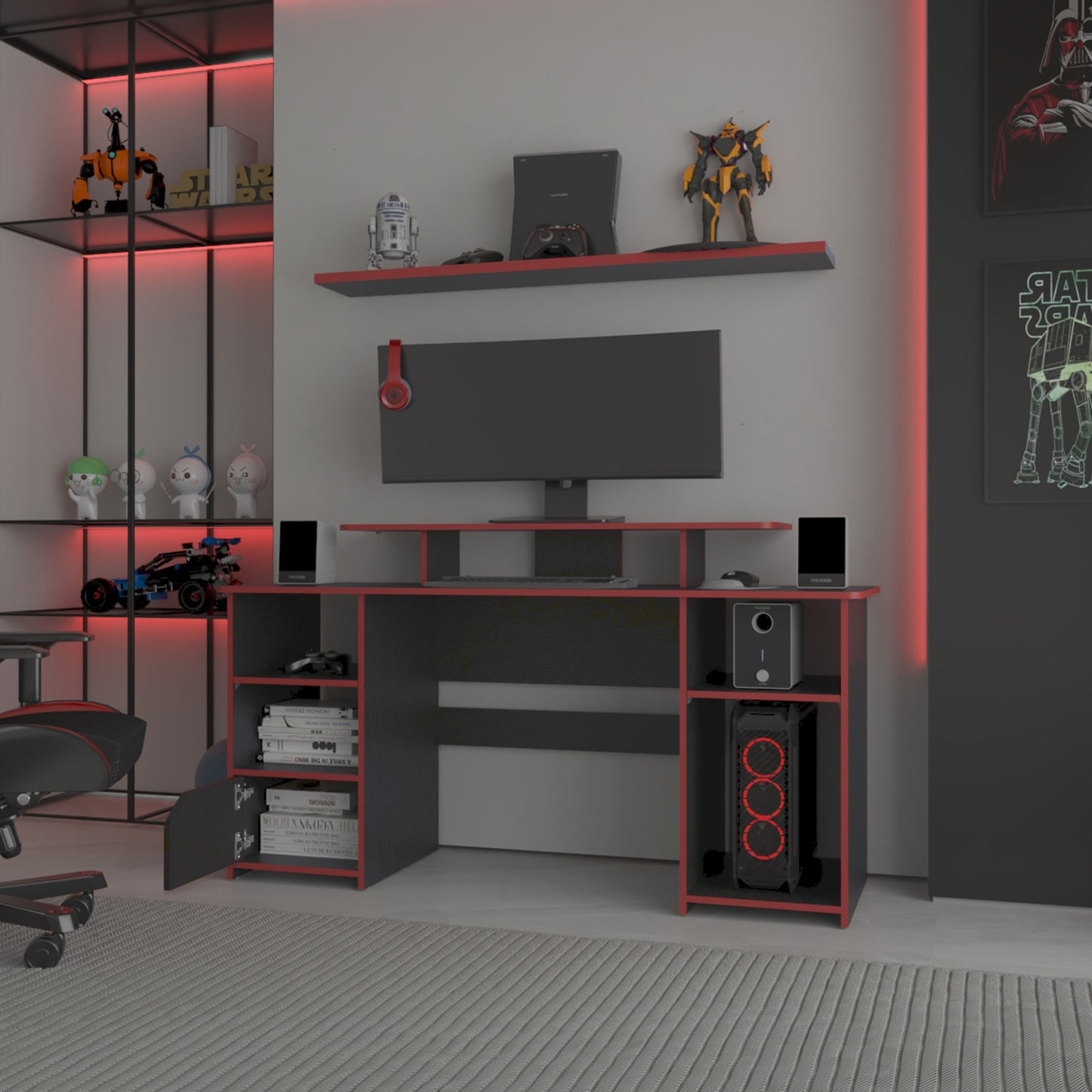 Escritorio Gamer, FM Furniture 045N Negro Y Rojo