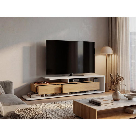 Mesa Para Tv Quito, Blanco Duqueza y Fresno Europeo, Para Televisor Hasta 65"