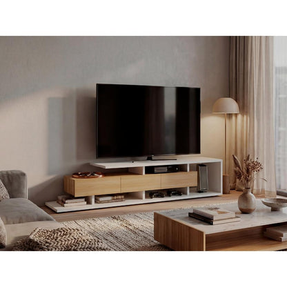 Mesa Para Tv Quito, Blanco Duqueza y Fresno Europeo, Para Televisor Hasta 65"