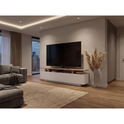 Mesa Para Tv Serena, Blanco Duqueza y Fresno Europeo, Para Televisor Hasta 65"