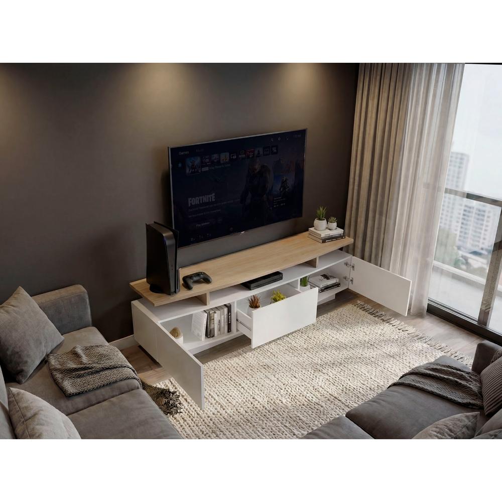 Mesa Para Tv Serena, Blanco Duqueza y Fresno Europeo, Para Televisor Hasta 65"