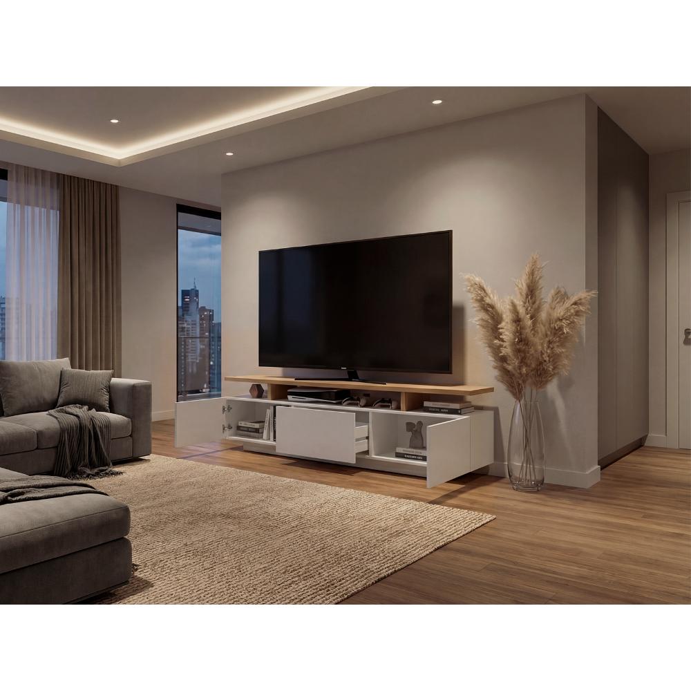 Mesa Para Tv Serena, Blanco Duqueza y Fresno Europeo, Para Televisor Hasta 65"