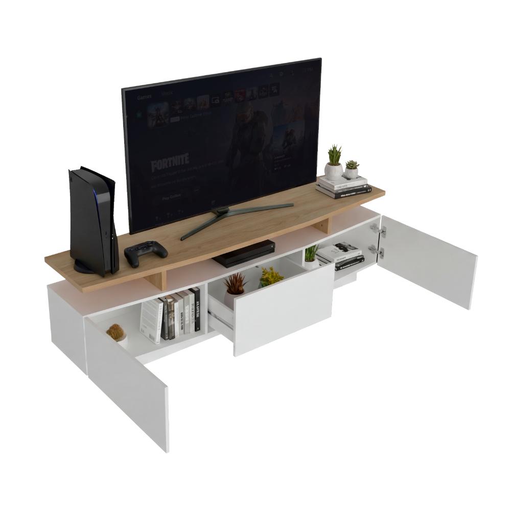 Mesa Para Tv Serena, Blanco Duqueza y Fresno Europeo, Para Televisor Hasta 65"