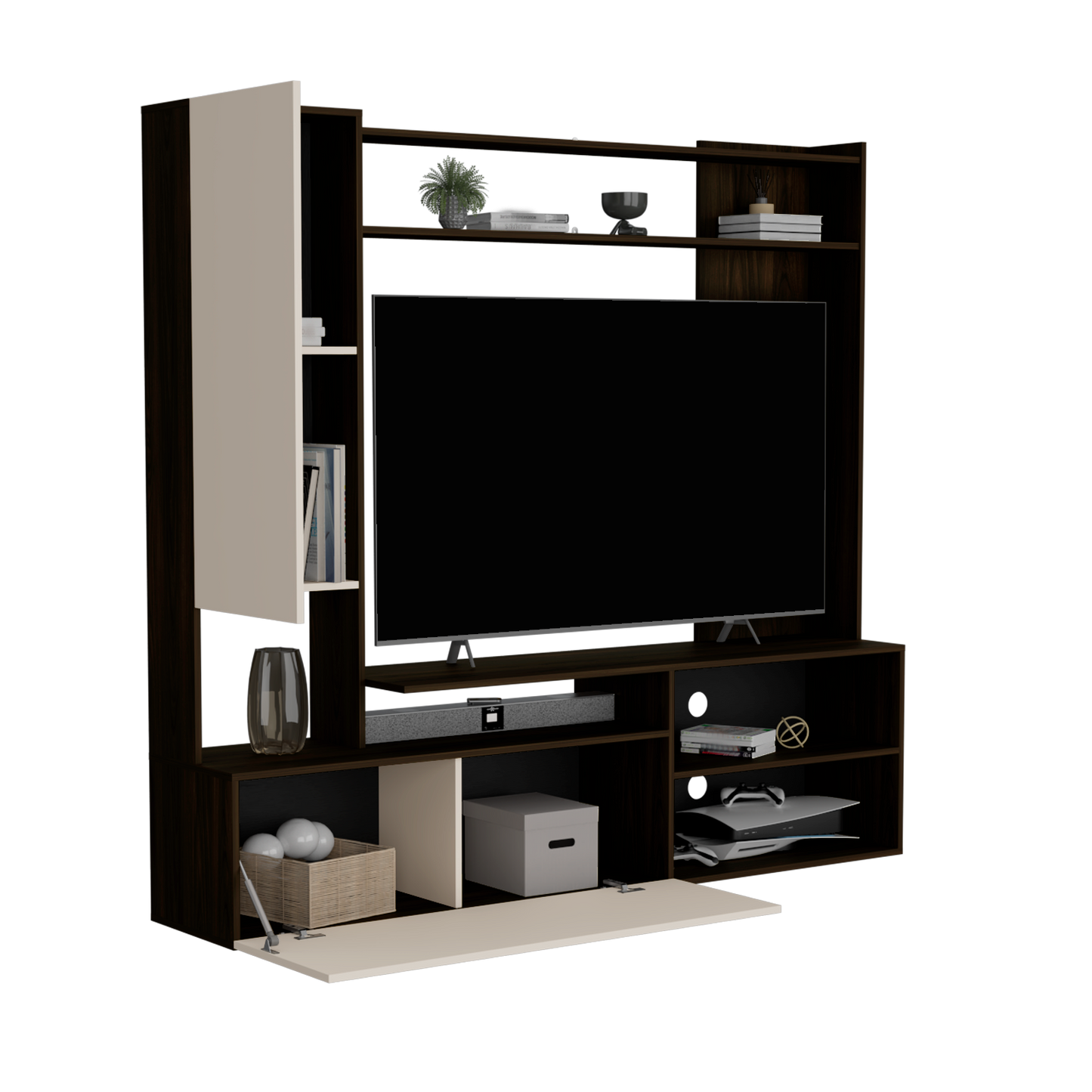 Estante Tv 70" Dos Puertas, Beige Y Café Oscuro