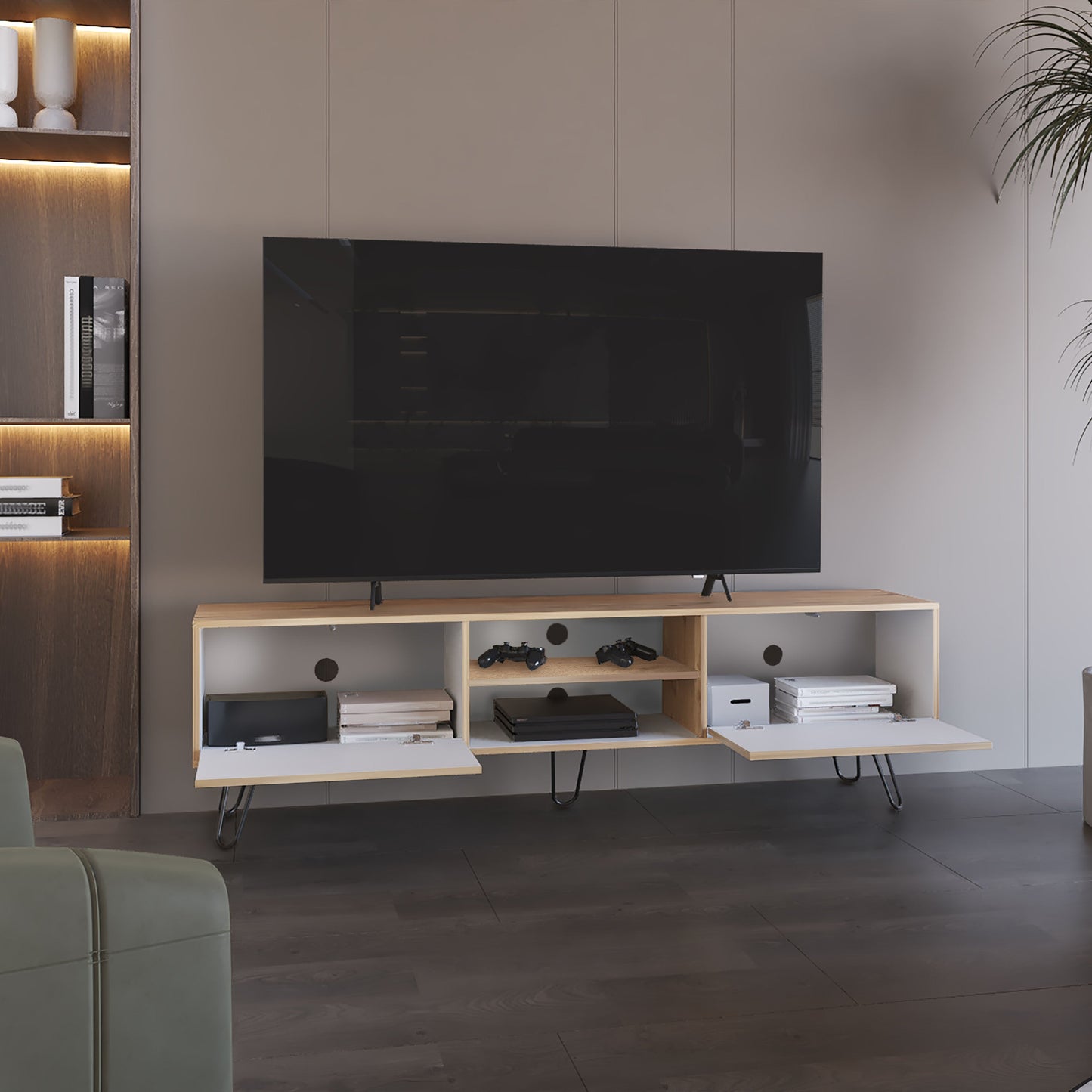 Rack Tv 80" Dos Puertas Fm 007B Blanco Y Café Claro