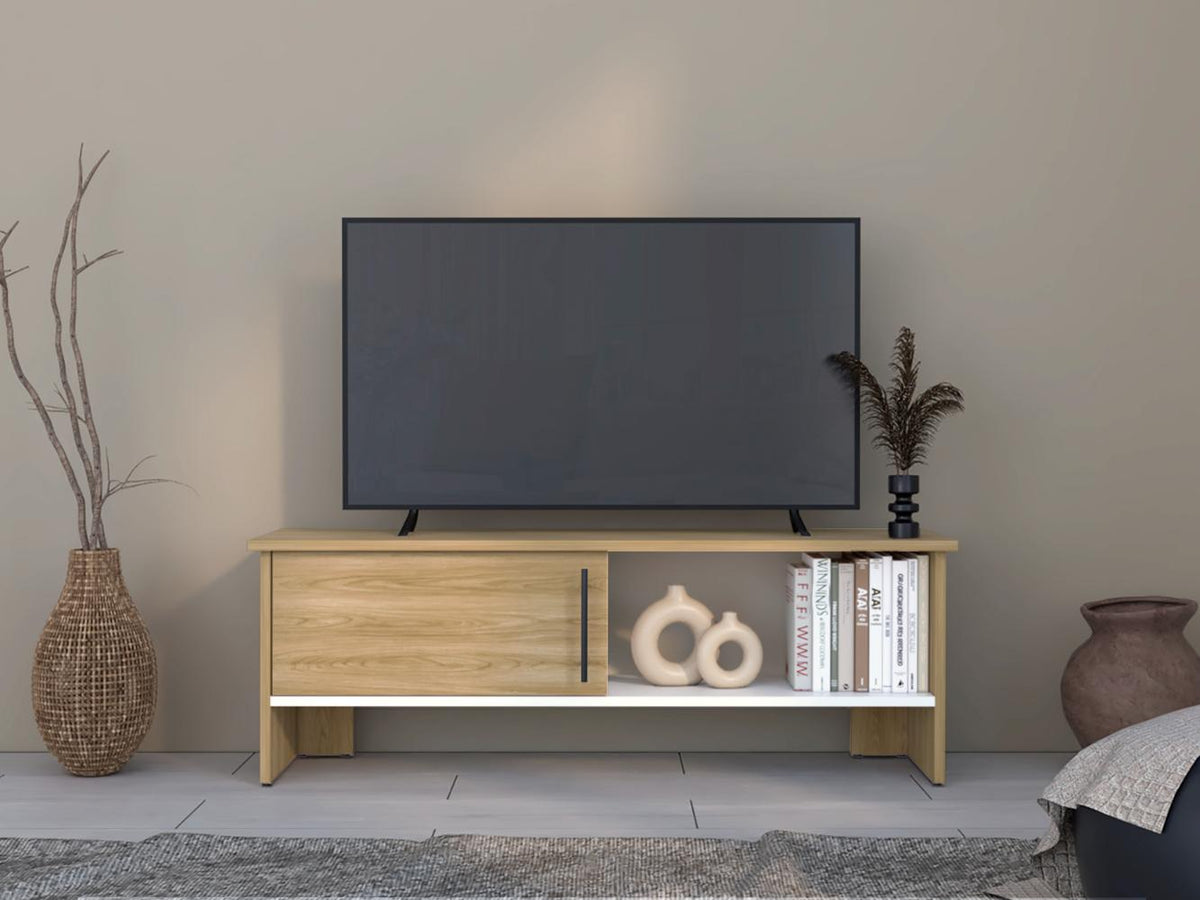 Mesa Tv Navi, Fresno Europeo y Blanco Duqueza, Para Televisor Hasta 55 Pulgadas Con Puerta