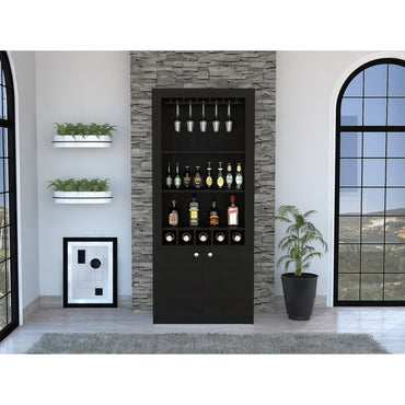 Bar Alto Cinco Botelleros Y Portacopas, FM Furniture 003C, Cafe Oscuro Y Negro