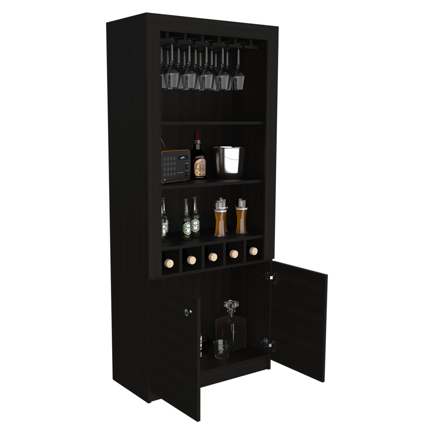 Bar Alto Cinco Botelleros Y Portacopas, FM Furniture 003C, Cafe Oscuro Y Negro