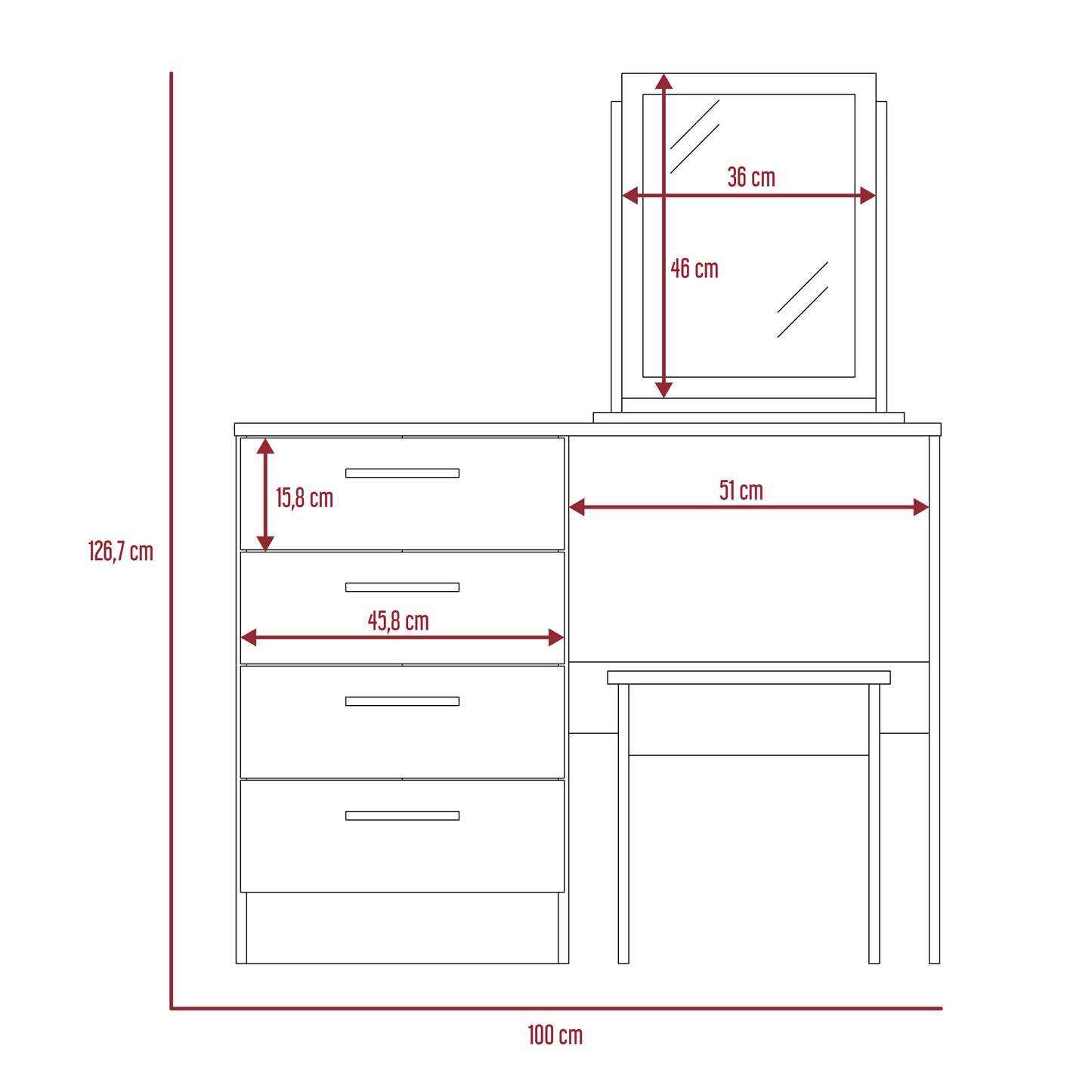 Mueble Tocador Con Espejo Y Cuatro Cajones , FM Furniture 001N, Negro