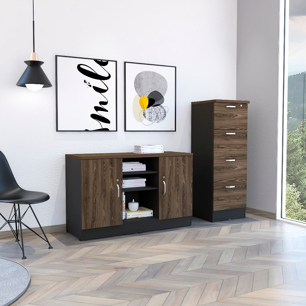 Archivador 4C Alto + Gabinete 2P Home Office Color Negro Soft y Coñac Para Oficina