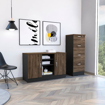Archivador 4C Alto + Gabinete 2P Home Office Color Negro Soft y Coñac Para Oficina