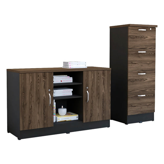 Archivador 4C Alto + Gabinete 2P Home Office Color Negro Soft y Coñac Para Oficina