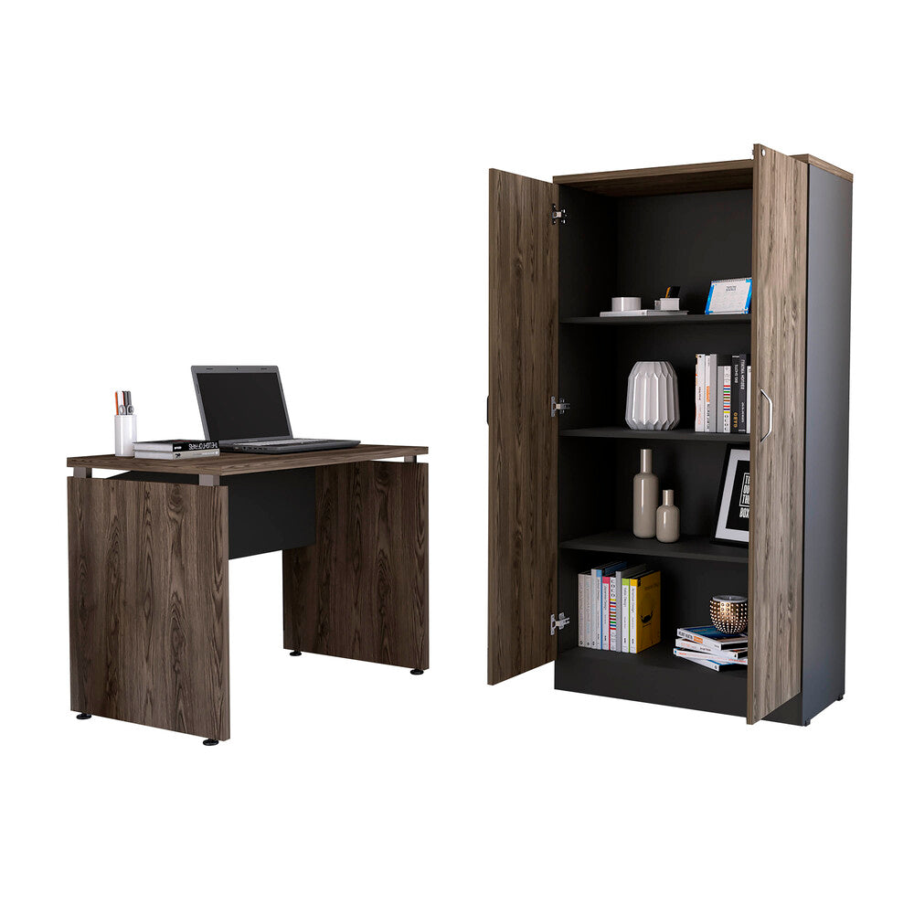 Mesa Escritorio M-100 + Biblioteca 2P Home Office Color Negro Soft y Coñac Para Oficina