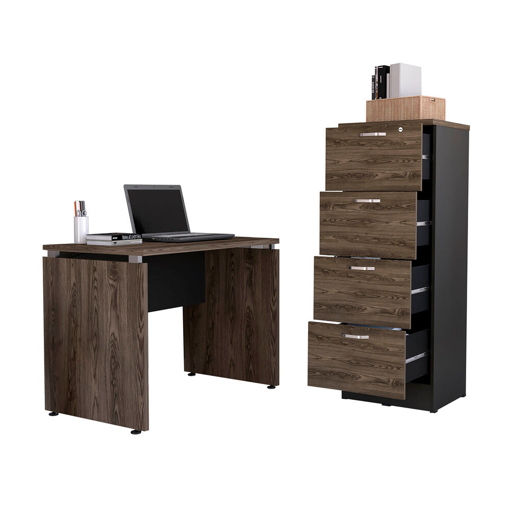 Mesa Escritorio M-100 + Archivador 4C Alto Home Office Color Negro Soft y Coñac Para Oficina