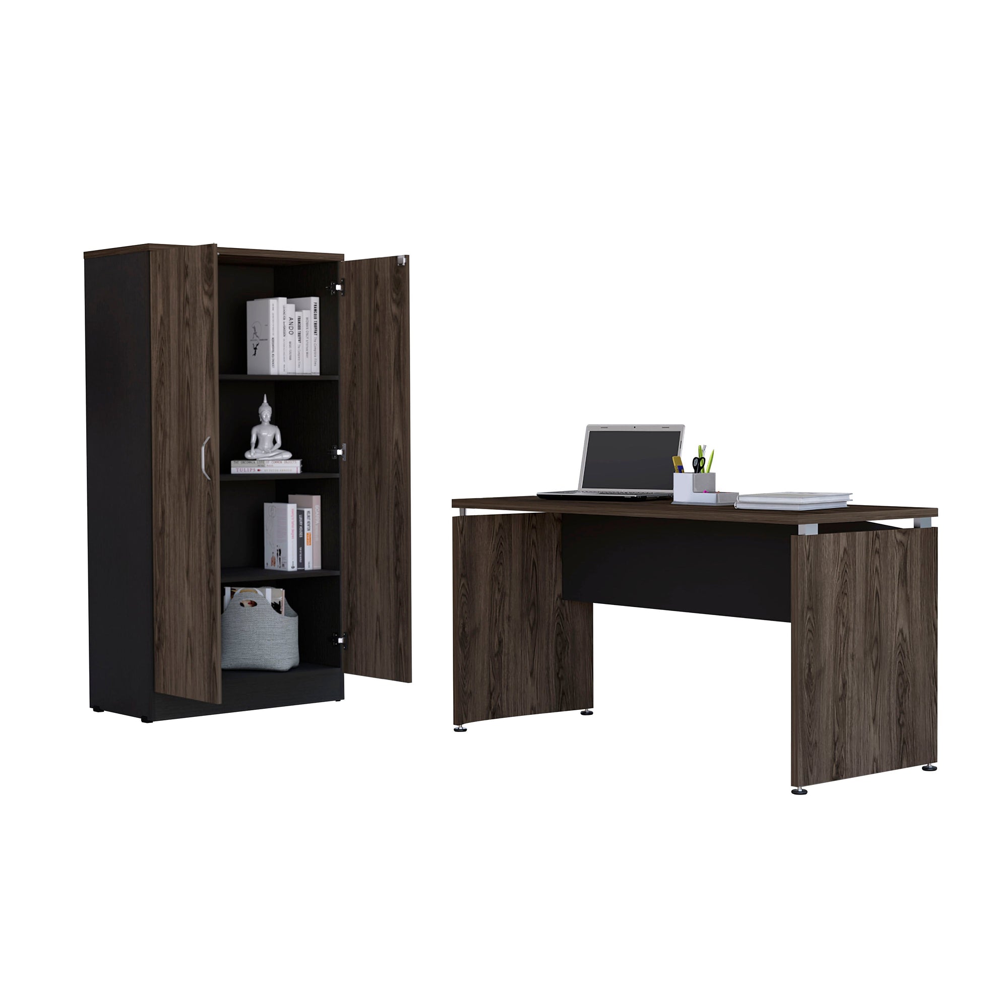 Mesa Escritorio M-150 + Biblioteca 2P Home Office Color Negro Soft y Coñac Para Oficina