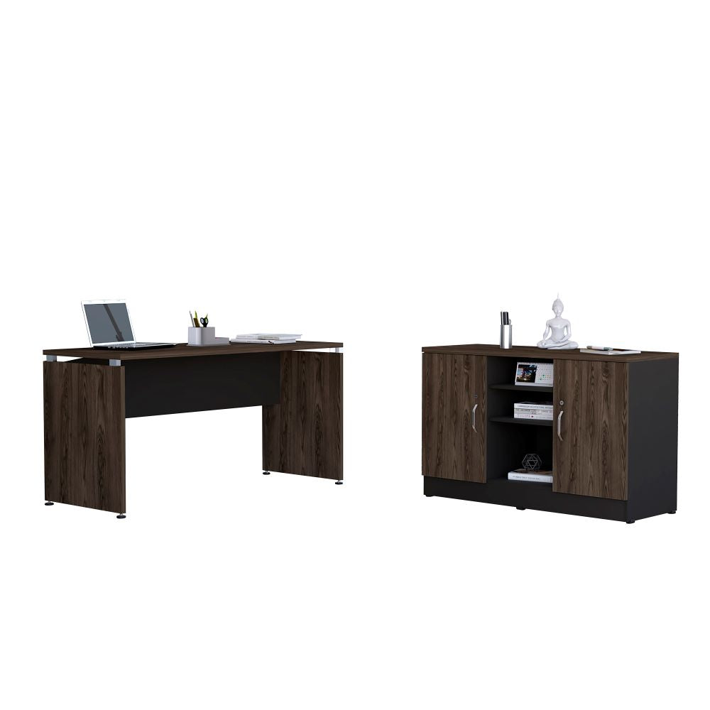Mesa Escritorio M-150 + Gabinete 2P Home Office Color Negro Soft y Coñac Para Oficina