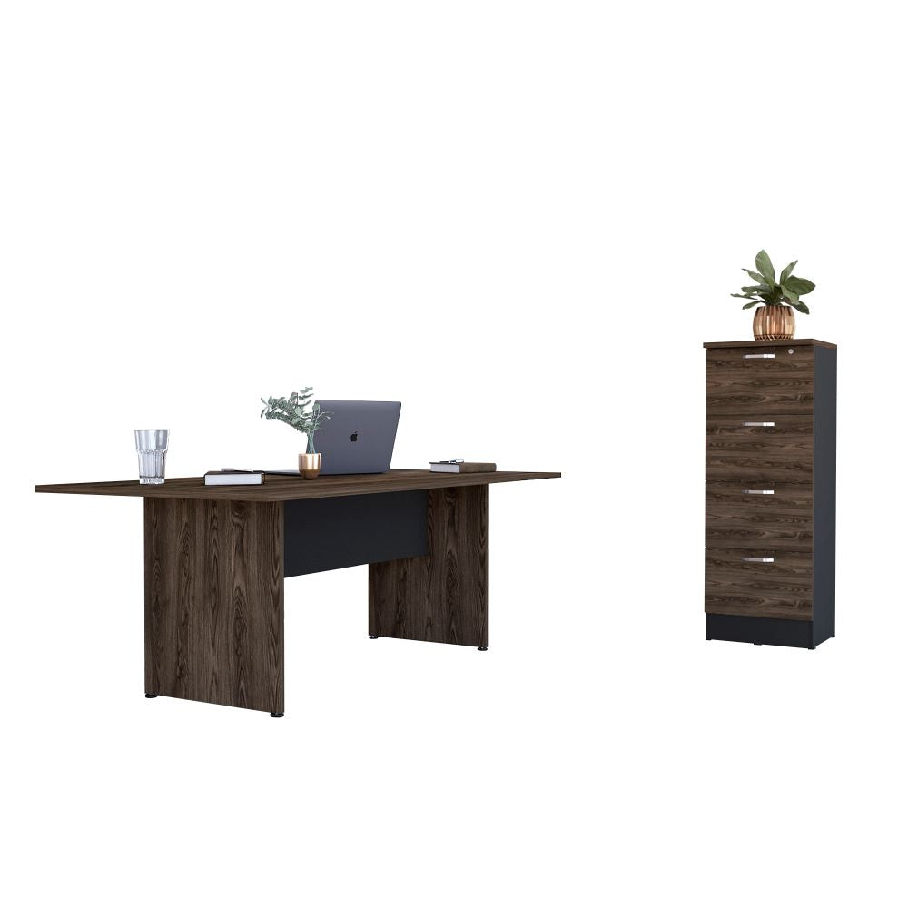 Mesa De Reunión M-200 + Archivador 4C Alto Home Office Color Negro Soft y Coñac Para Oficina