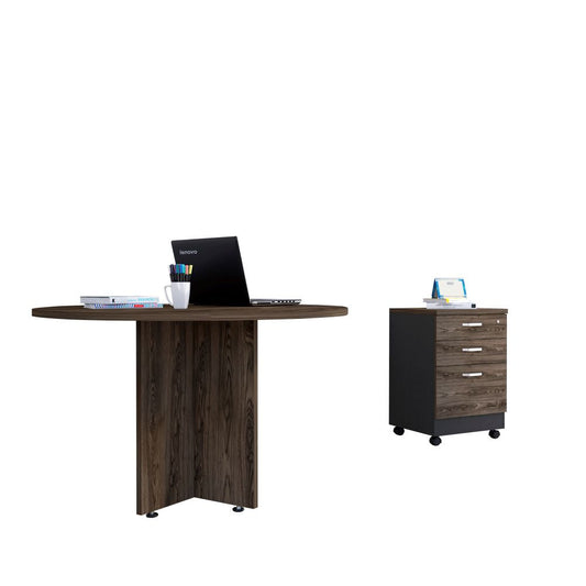 Mesa Redonda M-120 + Archivador 3C Home Office Color Negro Soft y Coñac Para Oficina