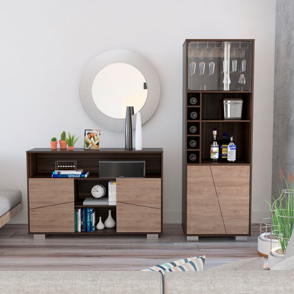 Bar Alto + Arrimo Fraktal Color Habano y Miel Para Sala De Estar