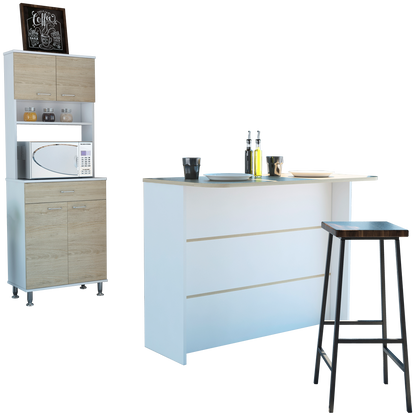 Combo Kitchen, Blanco y Rovere, incluye mueble microondas y barra