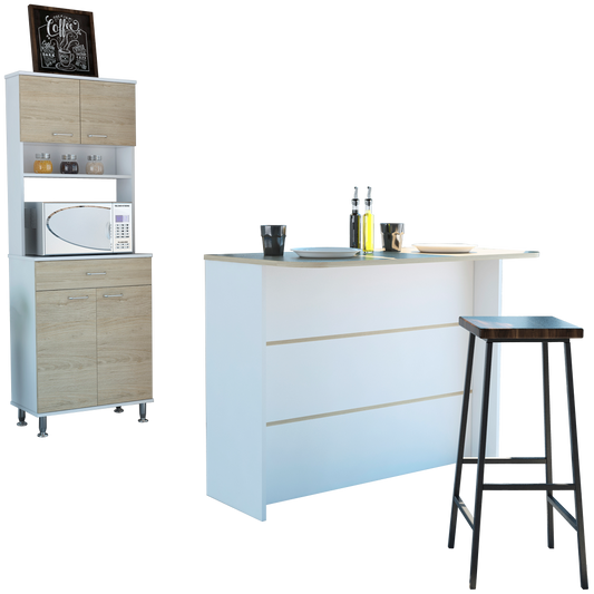 Combo Kitchen, Blanco y Rovere, incluye mueble microondas y barra