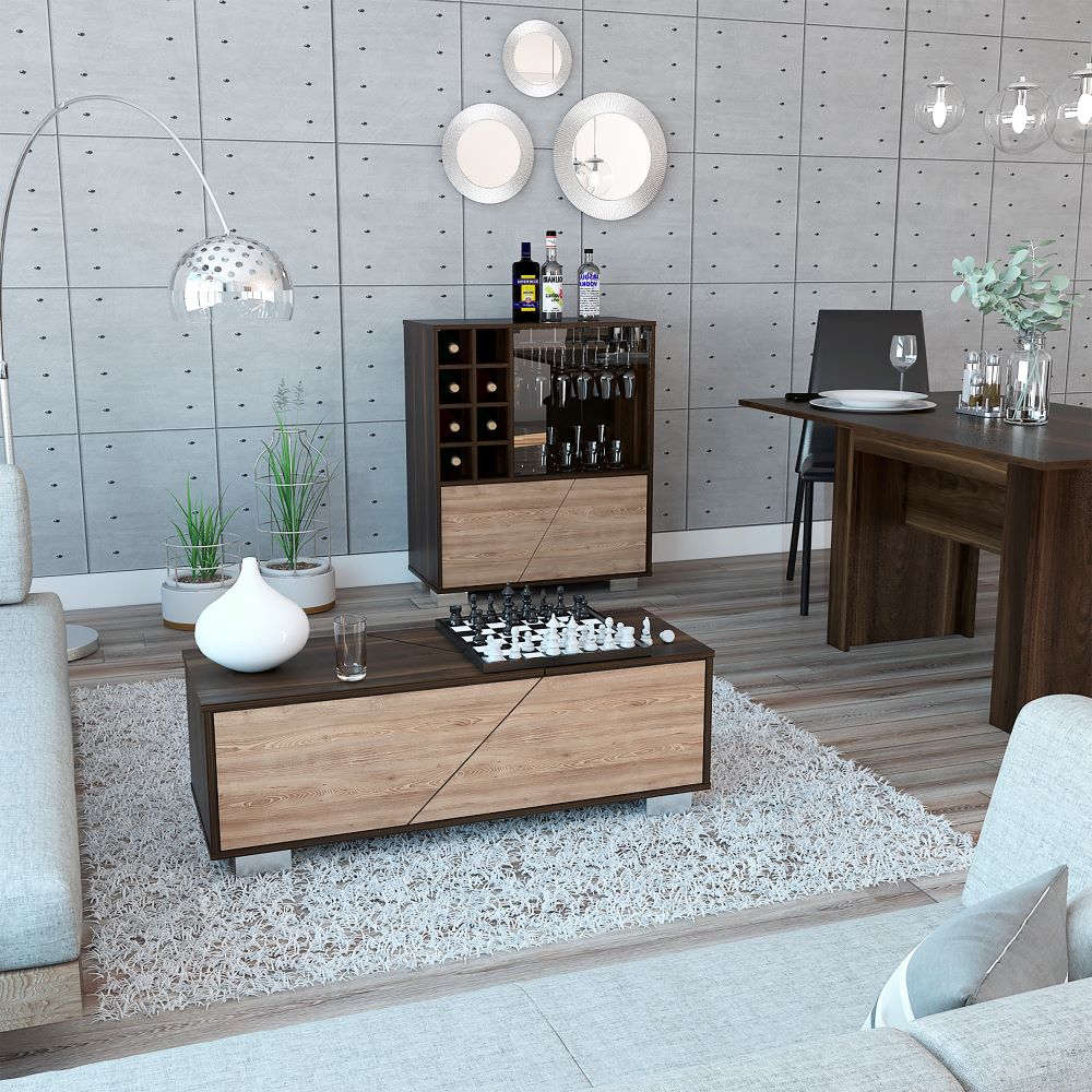 Bar + Mesa Centro Fraktal Color Habano y Miel Para Sala De Estar