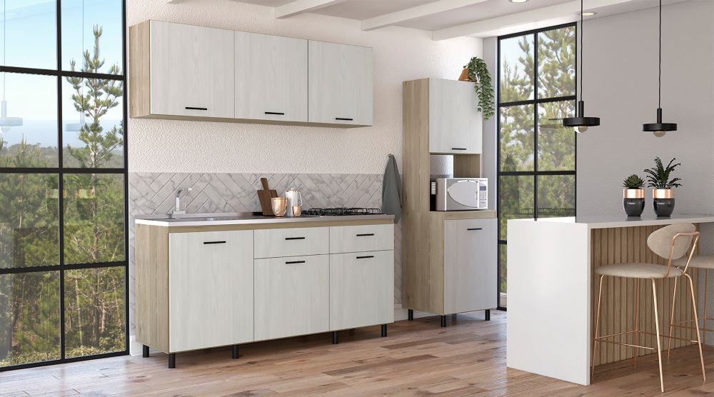 Combo Kitchen Gante, Rovere y Niebla, incluye alacena, módulo inferior con lavaplatos y módulo superior