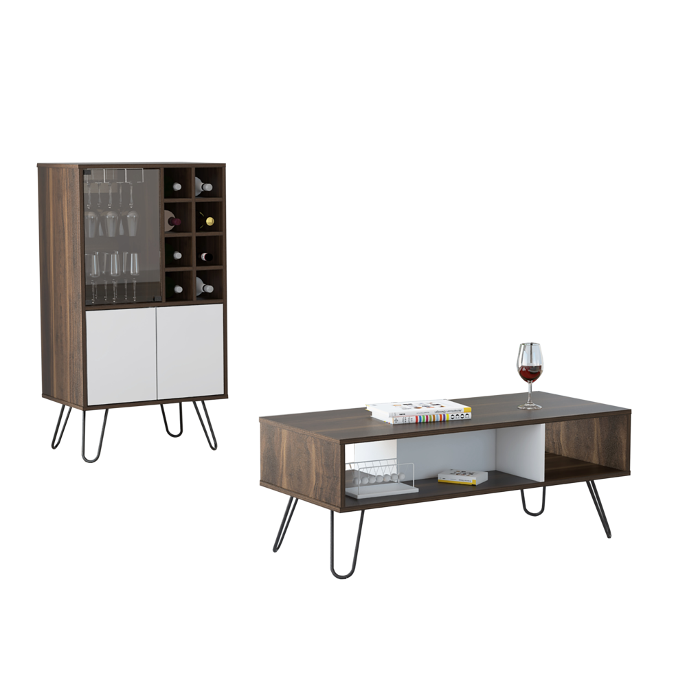 Bar + Mesa de Centro Vassel Color Habano y Blanco Para Sala De Estar