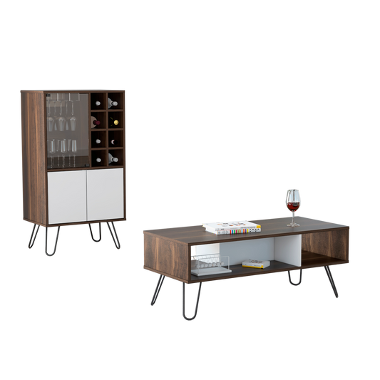 Bar + Mesa de Centro Vassel Color Habano y Blanco Para Sala De Estar