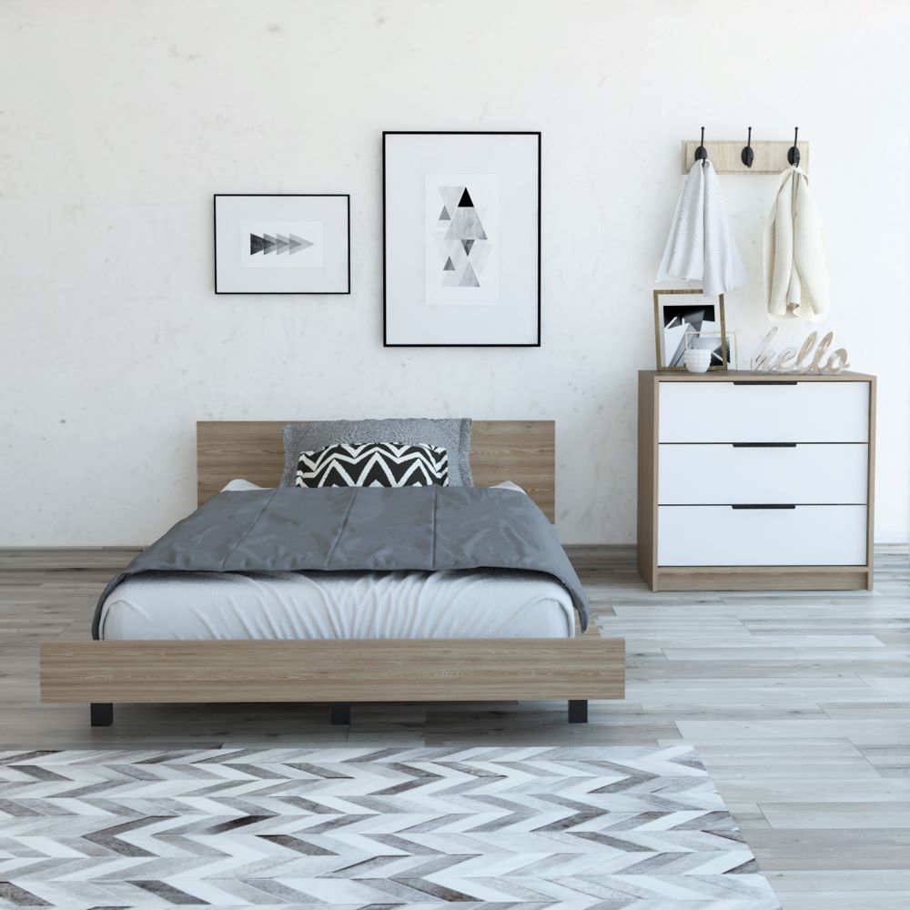 Base De Cama 1 5 Plaza + Cómoda 3C Color Kaia Miel y Blanco Para Dormitorio