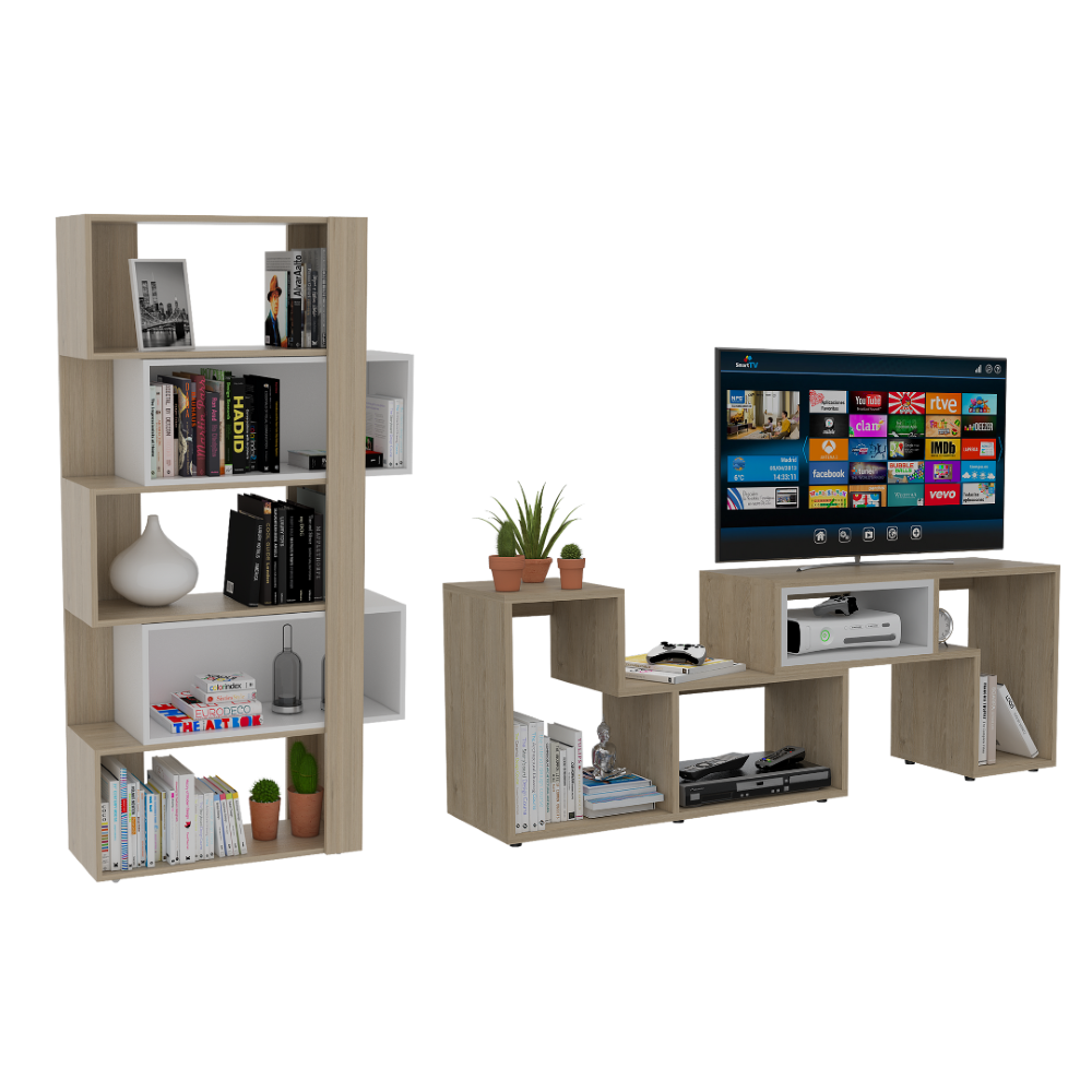 Rack Extensible + Biblioteca Cubo Beijing Color Rovere Para Sala De Estar