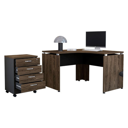 Escritorio en forma de L + Archivador Bajo Cuatro Cajones Color Monarca Negro Soft y Coñac Para Oficina